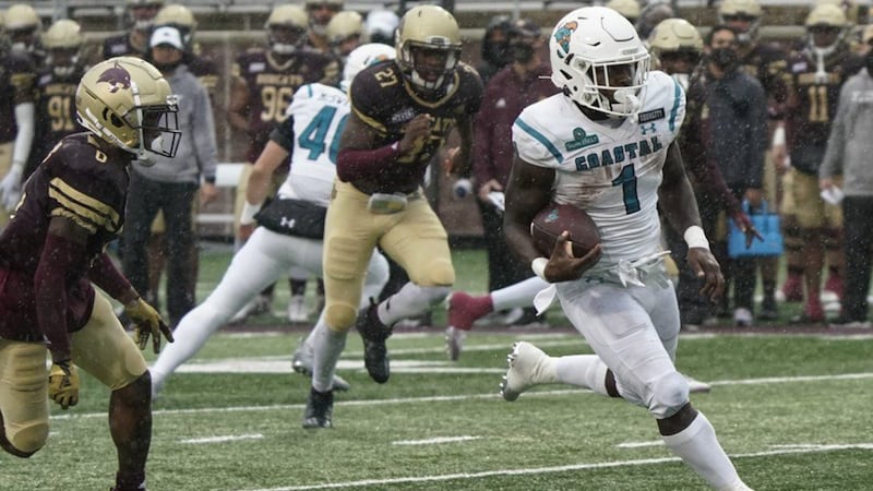 Coastal Carolina's CJ Marable (1) runs for a touchdown against Texas State during the second...