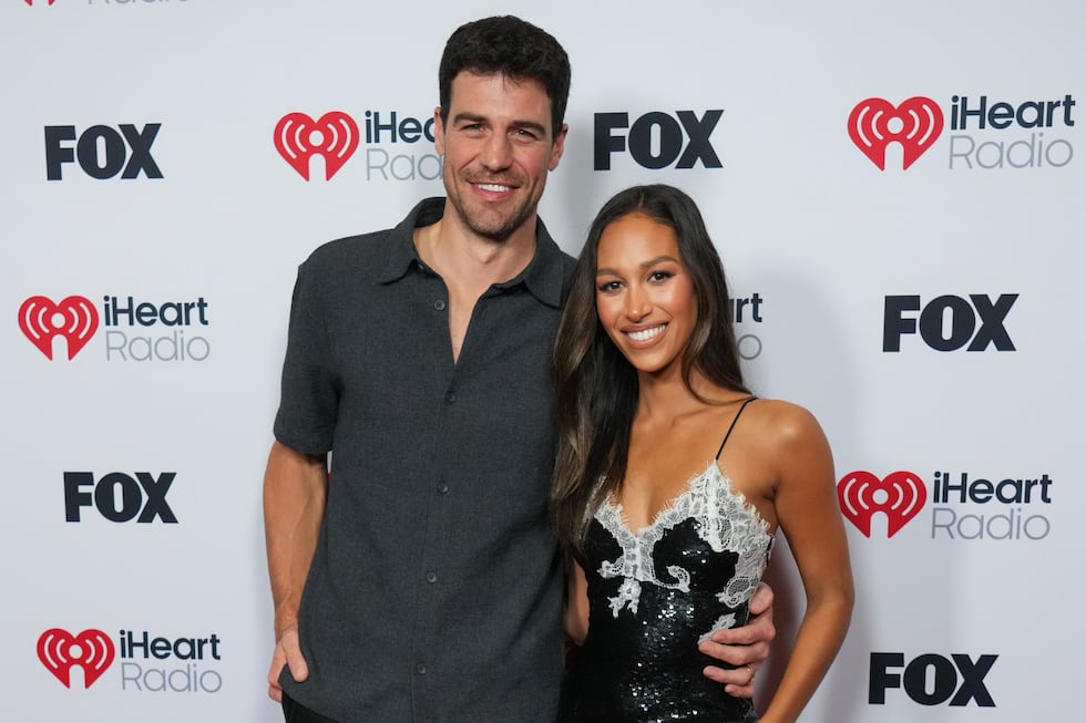 Joe Amabile, left, and Serena Pitt arrive at the iHeartRadio Music Awards, Monday, March 17,...