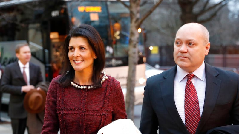 UN Ambassador-designate, South Carolina Gov. Nikki Haley and her husband Michael, arrive for a...