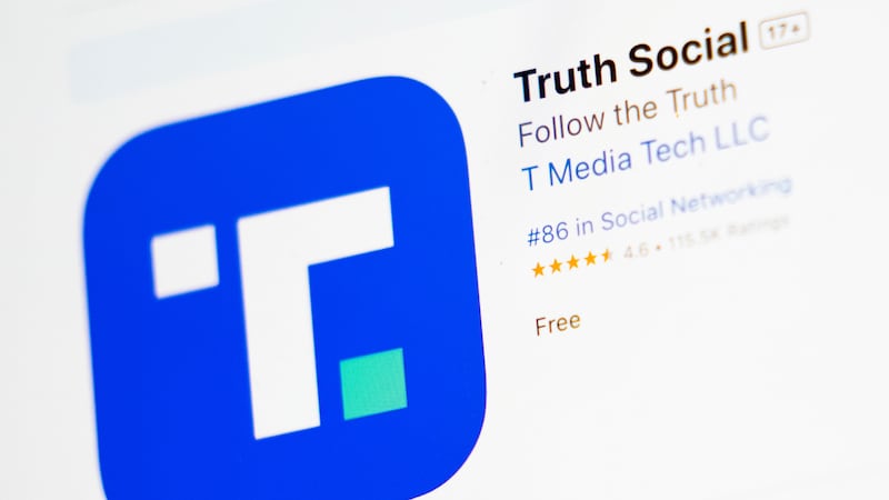 FILE - The download screen for the Truth Social app is displayed on a laptop computer, March...