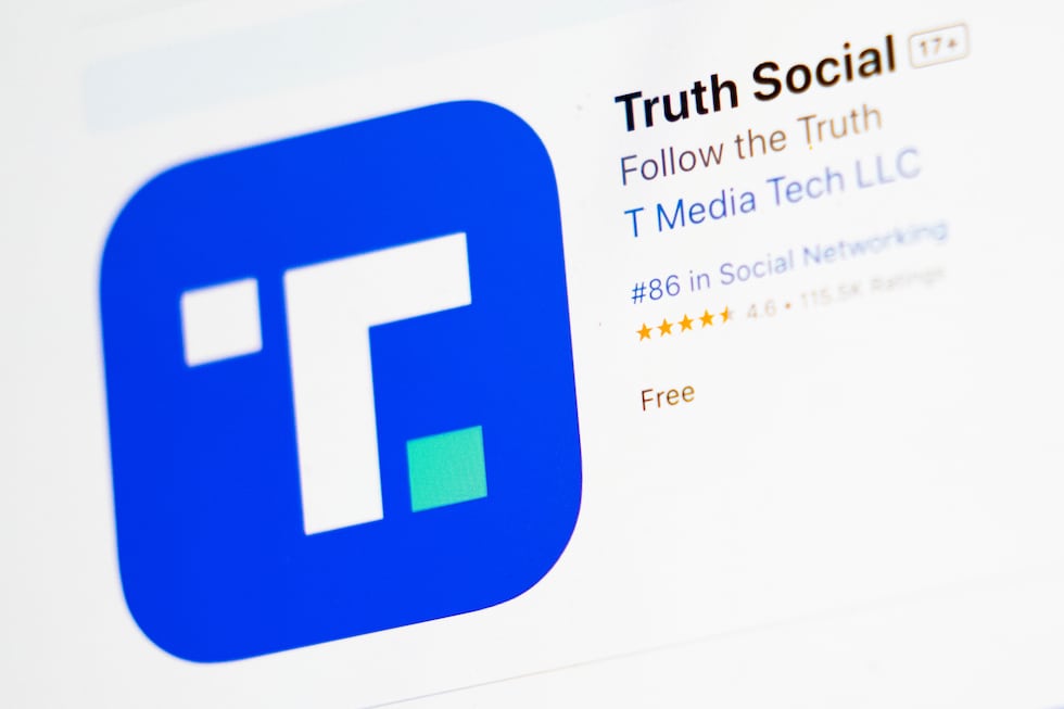 FILE - The download screen for the Truth Social app is displayed on a laptop computer, March...