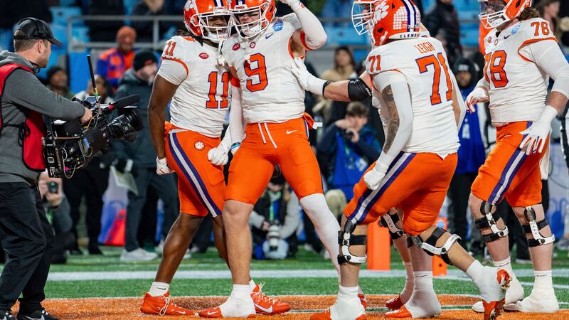 Clemson tight end Jake Briningstool (9) celebrates his touchdown in the first half of the...